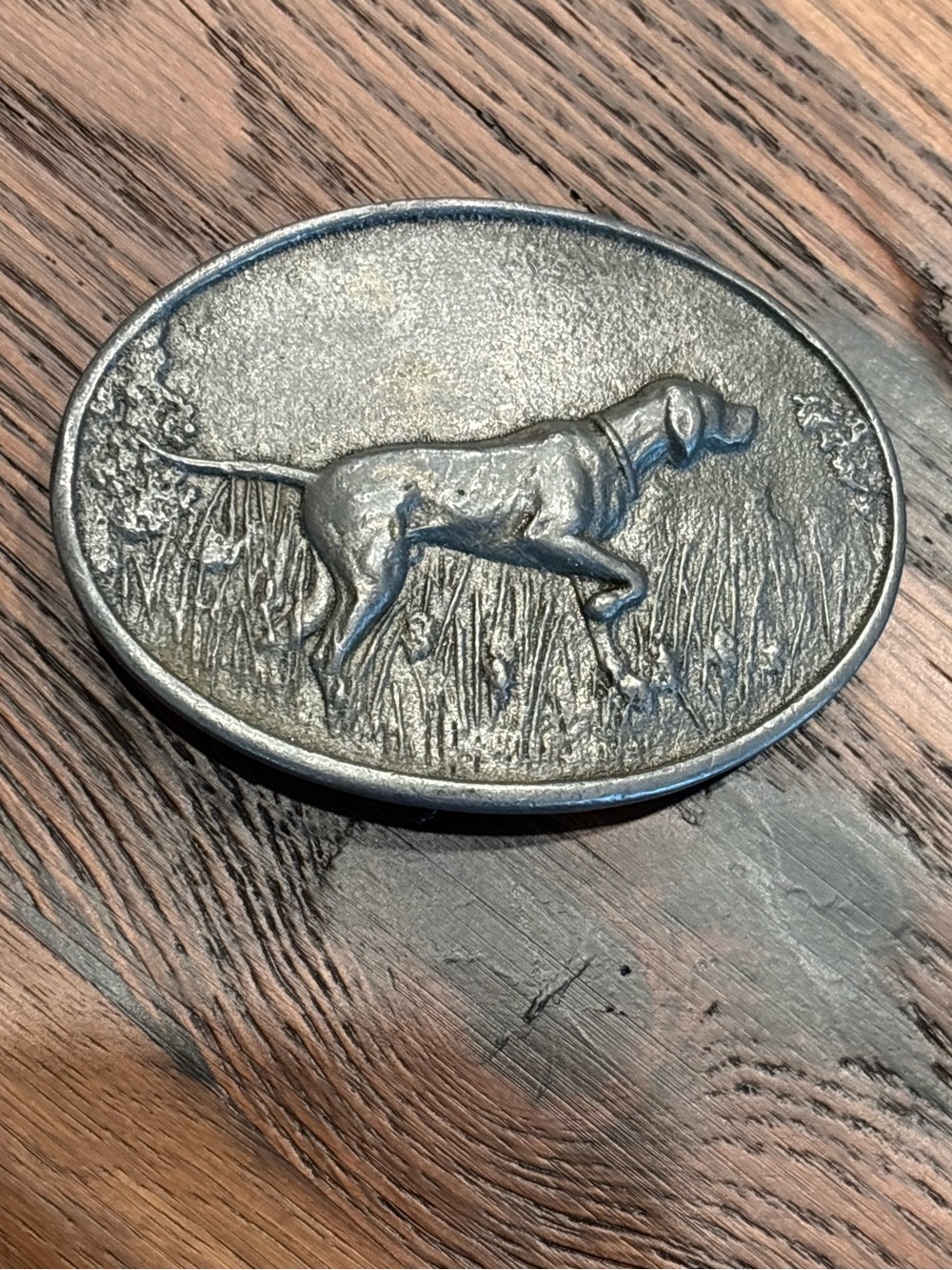 Vintage Hunting Dog Oval Metal, Possibly Pewter, Pointer Outdoorsy Belt Buckle